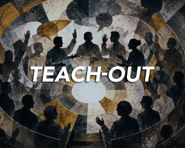 graphic showing silhouettes of people engaging with text TEACH-OUIT over top